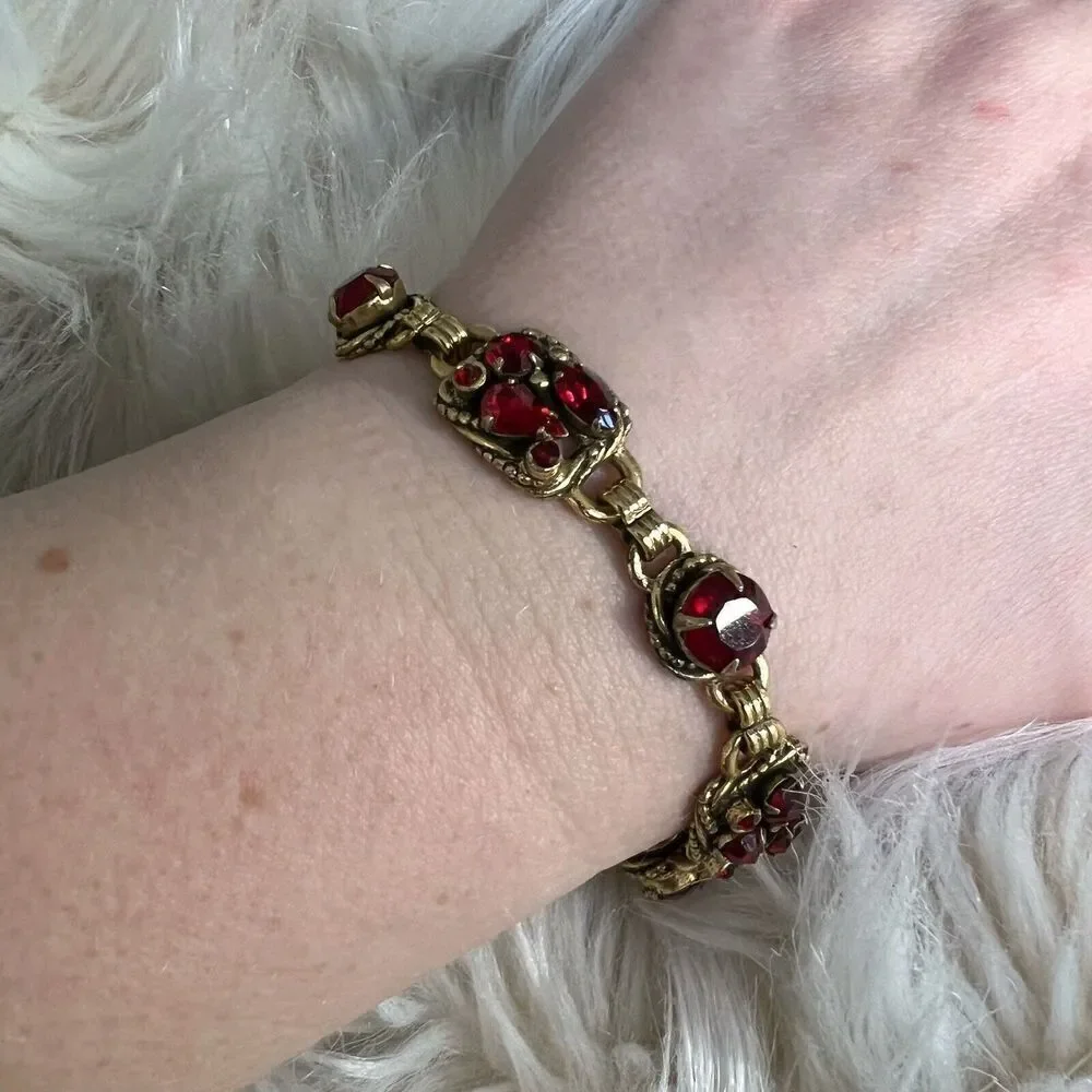 Vintage Kramer Signed Bracelet 7.5 Gold Plated Red Crystal Stones Love Valentine